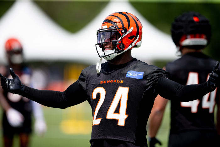 Cincinnati Bengals safety Vonn Bell (24) smiles during Cincinnati Bengals preseason training camp at the Paul Brown Stadium training facility in Cincinnati on Thursday, July 28, 2022. Cincinnati Bengals Training Camp 162